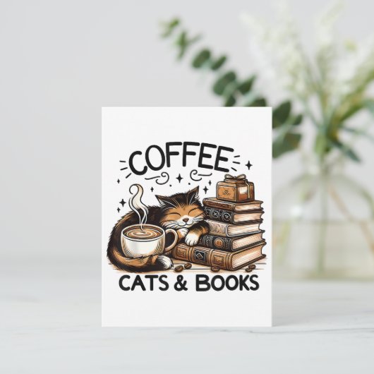 可愛おもしろいいコーヒー猫ブックラバーギフトアイディア女性 エンクロージャーカード (スタンド正面)