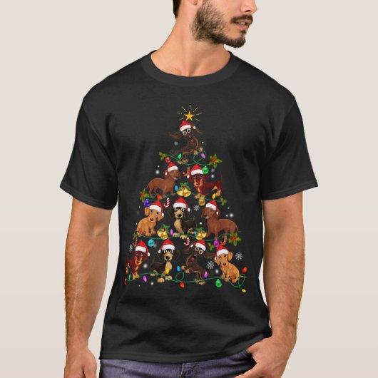 可愛おもしろいいダックスシュントのクリスマスツリーペットドッグ恋人 Tシャツ (正面)