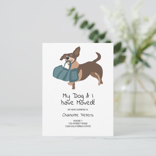 可愛おもしろいいダッシュント犬イラストレーション移動 案内ポストカード (スタンド正面)