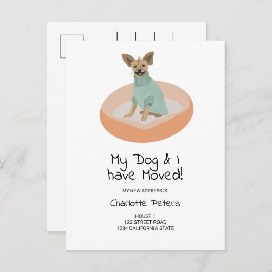 可愛おもしろいいチワハ犬のイラストレーション移動 案内ポストカード (正面/裏面)