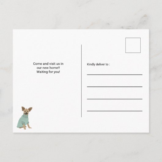 可愛おもしろいいチワハ犬のイラストレーション移動 案内ポストカード (裏面)