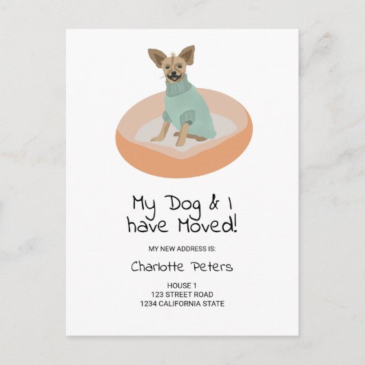 可愛おもしろいいチワハ犬のイラストレーション移動 案内ポストカード (正面)