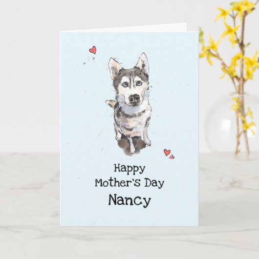 可愛おもしろいいハスキーブルーのお母さんのデイカード カード (黄色い花)
