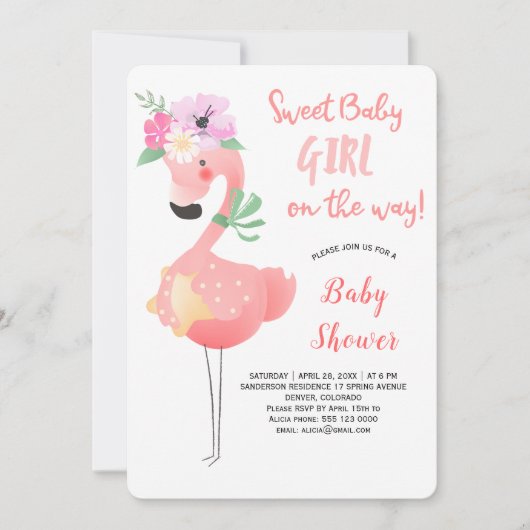 可愛おもしろいいピンクのフラミンゴフローラ赤ちゃんシャワーパーティー 招待状 (正面)