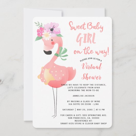 可愛おもしろいいピンクのフラミンゴ赤ちゃんシャワー仮想パーティー 招待状 (正面)