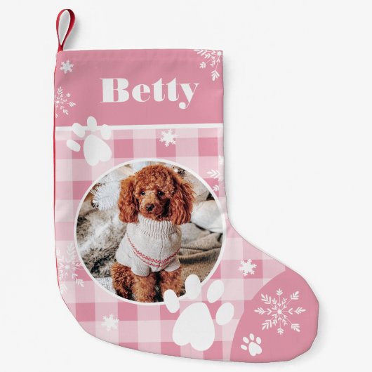 可愛おもしろいいピンクのフランネル犬のペットの写真クリスマス スモールクリスマスストッキング (正面)