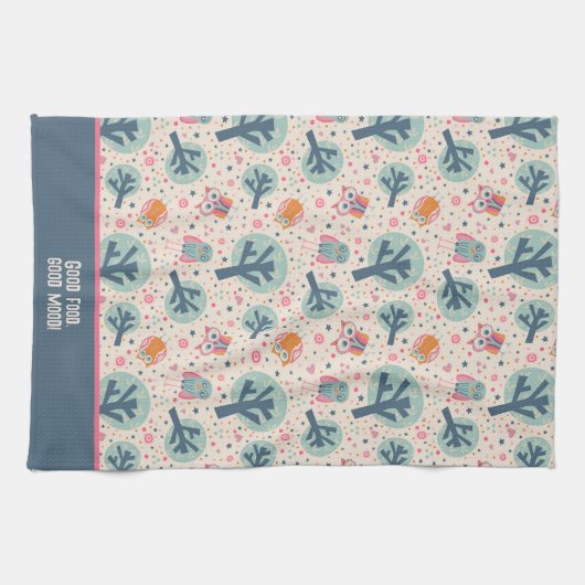 可愛おもしろいいフクロパターンパーソナライズされた引用文または名前 キッチンタオル (横)