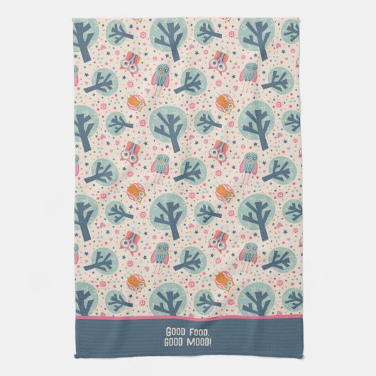 可愛おもしろいいフクロパターンパーソナライズされた引用文または名前 キッチンタオル (縦)