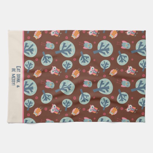 可愛おもしろいいフクロパターンパーソナライズされた引用文または名前 キッチンタオル (横)