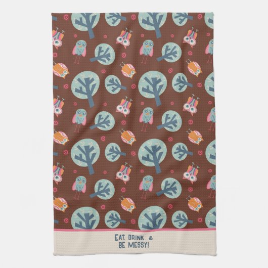 可愛おもしろいいフクロパターンパーソナライズされた引用文または名前 キッチンタオル (縦)