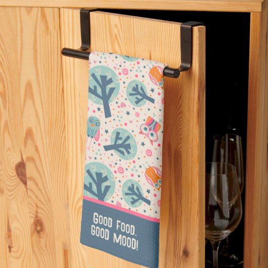 可愛おもしろいいフクロパターンパーソナライズされた引用文または名前 キッチンタオル