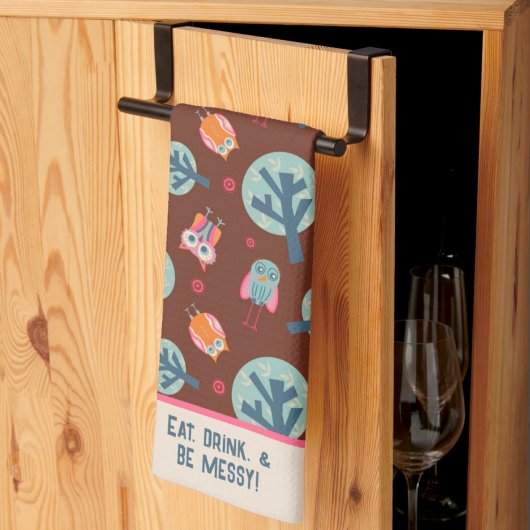 可愛おもしろいいフクロパターンパーソナライズされた引用文または名前 キッチンタオル