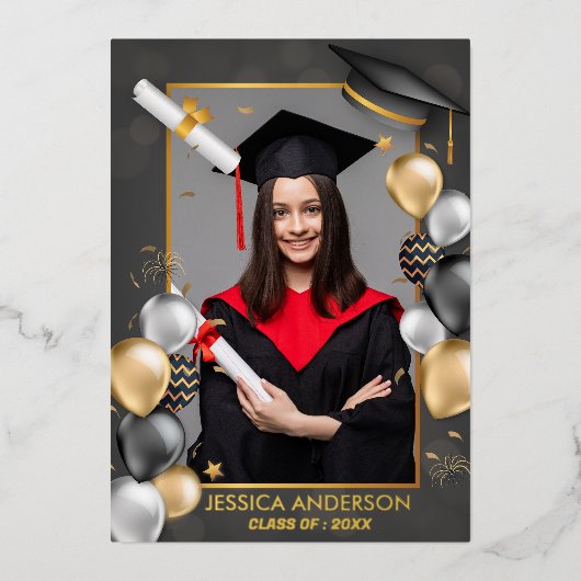 可愛おもしろいいフレーム写真卒業パーティー 箔シーズンカード (正面)