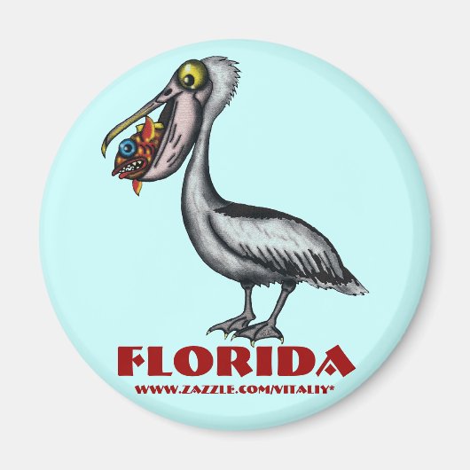 可愛おもしろいいフロリダペリカンと魚の磁石 マグネット (正面)