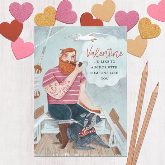 可愛おもしろいいブルーピンクのシーセーラー&ドッグバレンタイン シーズンカード