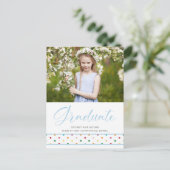 可愛おもしろいいブルー水玉模様卒業写真卒業 ポストカード (スタンド正面)