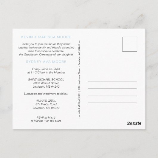 可愛おもしろいいブルー水玉模様卒業写真卒業 ポストカード (裏面)