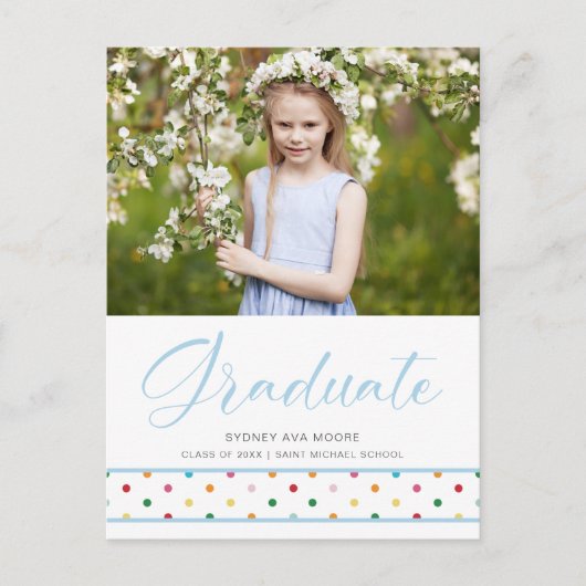 可愛おもしろいいブルー水玉模様卒業写真卒業 ポストカード (正面)