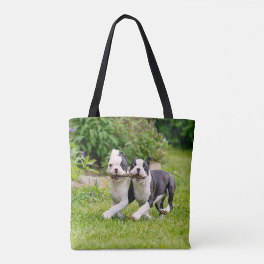 可愛おもしろいいボストンテリア犬のパピー遊ズ –  トートバッグ (裏面)