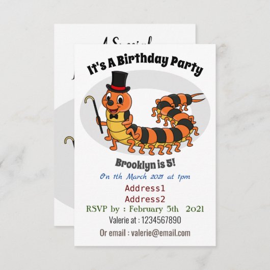 可愛おもしろいいムカデイラストレーション 招待状 (正面/裏面)