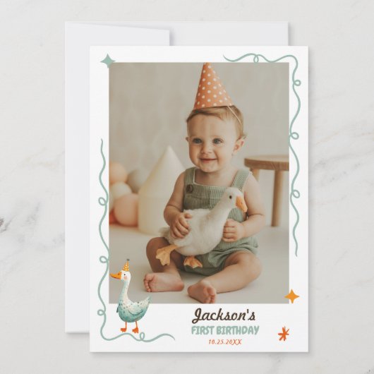 可愛おもしろいいワン間抜けグース誕生日写真 招待状 (裏面)