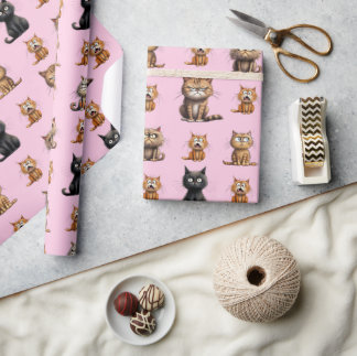 可愛おもしろいい不機嫌怒ブラックとオレンジキャットピンク ラッピングペーパー