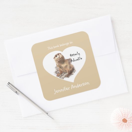 可愛おもしろいい可愛いカワウソ蔵書票 スクエアシール (封筒)