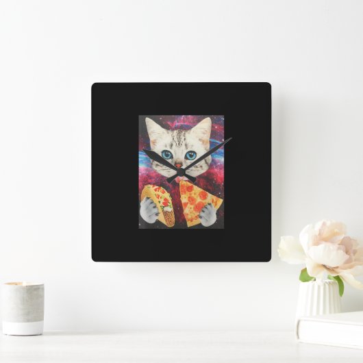 可愛おもしろいい宇宙銀河系猫ミームピザタコ スクエア壁時計 (ホーム)