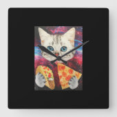 可愛おもしろいい宇宙銀河系猫ミームピザタコ スクエア壁時計 (正面)