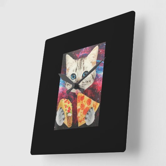 可愛おもしろいい宇宙銀河系猫ミームピザタコ スクエア壁時計 (傾斜)