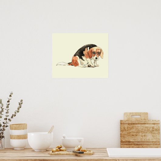 可愛おもしろいい悲しいビーグル犬の水の色絵画の ポスター (キッチン)