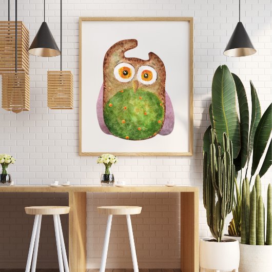 可愛おもしろいい水色フクロウ ポスター