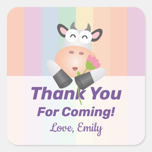 可愛おもしろいい漫画の牛が来ありがとう スクエアシール (正面)