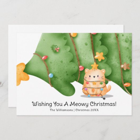 可愛おもしろいい猫マイオウィクリスマスツリーの水色 シーズンカード (正面/裏面)