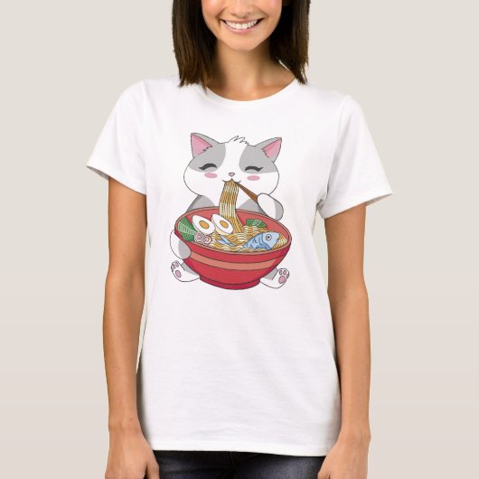 可愛おもしろいい猫食べラーメン Tシャツ (正面)