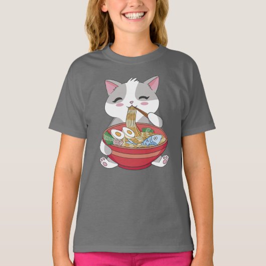 可愛おもしろいい猫食べラーメン Tシャツ (正面)