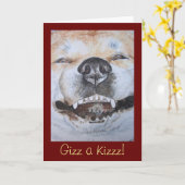 可愛おもしろいい秋田の笑顔のリアル犬のポートレートアート カード (黄色い花)