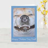 可愛おもしろいい秋田ほほ笑みリアル犬ポートレート カード (黄色い花)