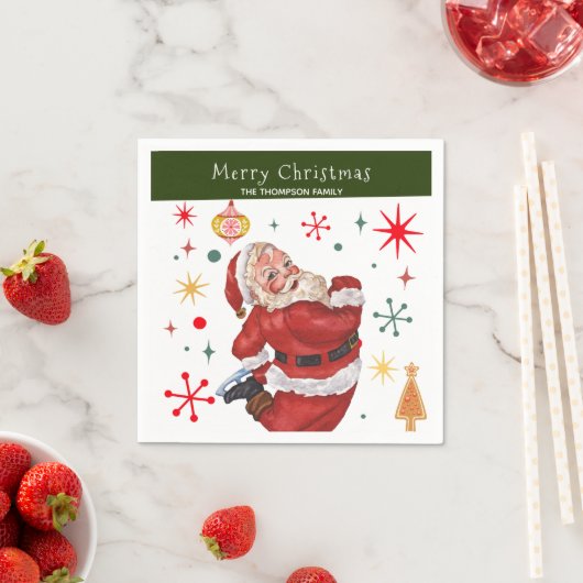 可愛おもしろいい赤と緑のモノグラムクリスマスサンタ スタンダードカクテルナプキン (インサイチュ)