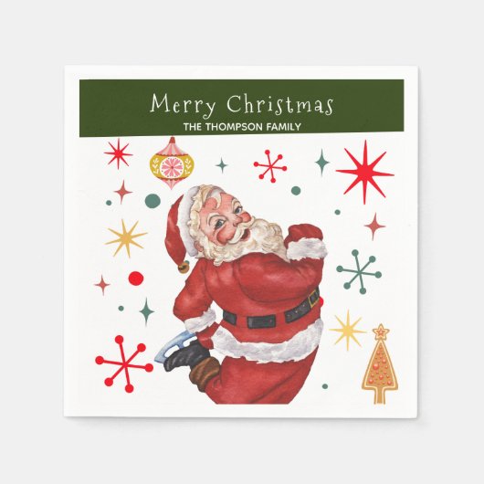 可愛おもしろいい赤と緑のモノグラムクリスマスサンタ スタンダードカクテルナプキン (正面)