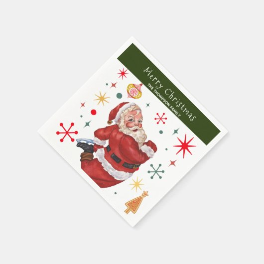 可愛おもしろいい赤と緑のモノグラムクリスマスサンタ スタンダードカクテルナプキン (角)