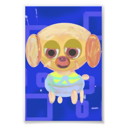 可愛おもしろいい陽気な子犬の青い幾何学模様 フォトプリント            (正面)