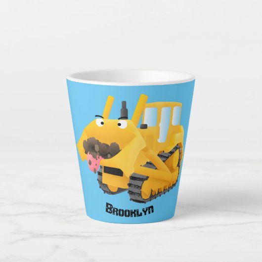 可愛おもしろいい黄色のブルドーザーのキャラクター カフェラテマグ (正面)