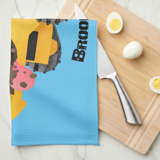 可愛おもしろいい黄色のブルドーザーのキャラクター キッチンタオル (四つ折り)