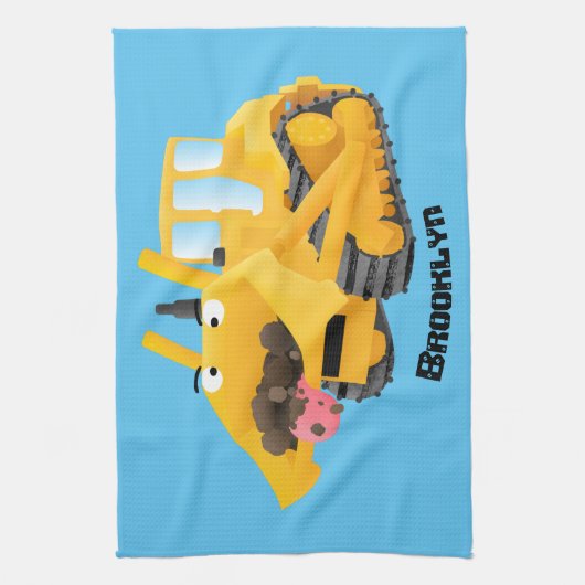 可愛おもしろいい黄色のブルドーザーのキャラクター キッチンタオル (縦)