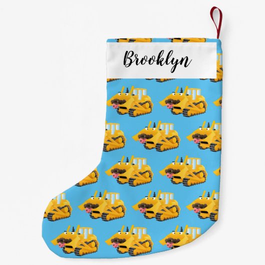 可愛おもしろいい黄色のブルドーザーのキャラクター スモールクリスマスストッキング (裏面)