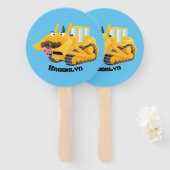 可愛おもしろいい黄色のブルドーザーのキャラクター ハンドファン (正面&裏面)