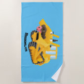 可愛おもしろいい黄色のブルドーザーのキャラクター ビーチタオル (正面)