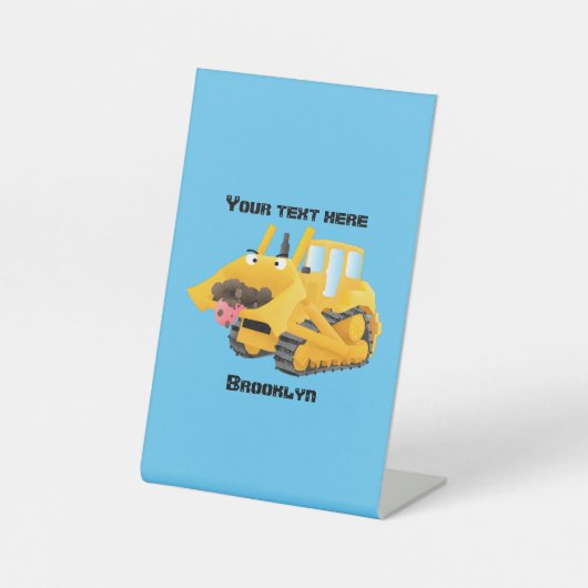 可愛おもしろいい黄色のブルドーザーのキャラクター 台座サイン (正面)