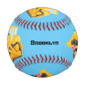 可愛おもしろいい黄色のブルドーザーのキャラクター 野球ボール (正面)